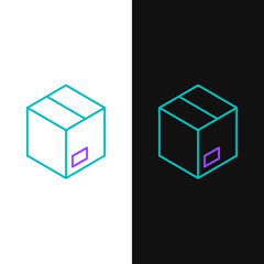 Line Carton cardboard box icon isolated on white and black background. Box, package, parcel sign. Delivery and packaging. Colorful outline concept. Vector