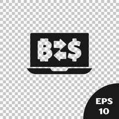 Black Cryptocurrency exchange icon isolated on transparent background. Bitcoin to dollar exchange icon. Cryptocurrency technology, mobile banking. Vector