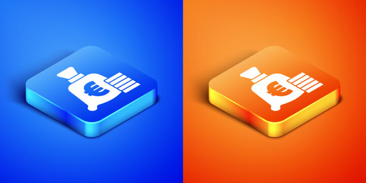 Isometric Coin money with euro symbol icon isolated on blue and orange background. Banking currency sign. Cash symbol. Square button. Vector