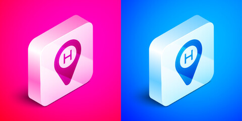 Isometric Helicopter landing pad icon isolated on pink and blue background. Helipad, area, platform, H letter. Silver square button. Vector