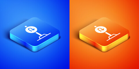 Isometric Turn back road icon isolated on blue and orange background. Traffic rules and safe driving. Square button. Vector