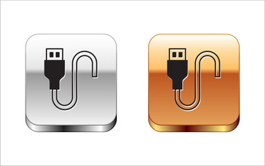 Black USB cable cord icon isolated on white background. Connectors and sockets for PC and mobile devices. Silver and gold square buttons. Vector