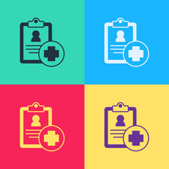 Pop art Medical clipboard with clinical record icon isolated on color background. Prescription, medical check marks report. Vector