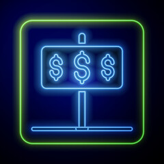 Glowing neon House with dollar symbol icon isolated on blue background. Home and money. Real estate concept. Vector