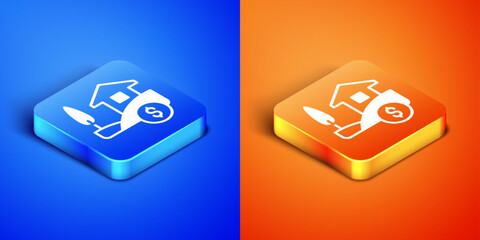 Isometric House with dollar symbol icon isolated on blue and orange background. Home and money. Real estate concept. Square button. Vector