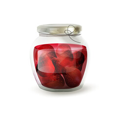 Strawberry Jam in glass jar : realistic vector Illustration. suitable for packaging, books, banners, booklets, web, brochures, flyers, advertisements