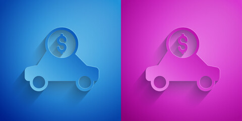 Paper cut Car rental icon isolated on blue and purple background. Rent a car sign. Key with car. Concept for automobile repair service. Paper art style. Vector