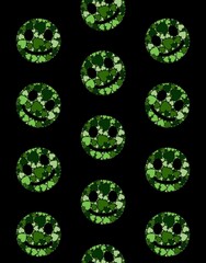 Grinning face emoji design made of green hearts pattern on black background digital image,  For Special day offers, giftware, tshirt, pattern.