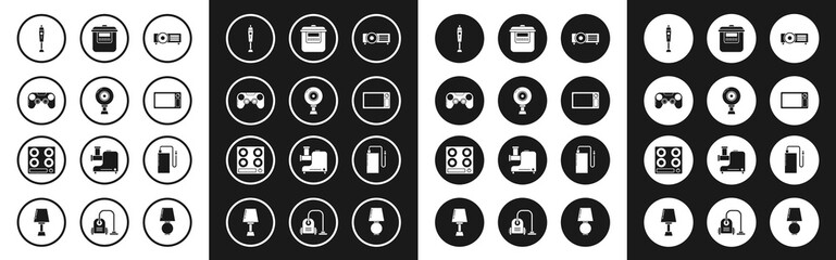 Set , Web camera, Gamepad, Blender, Microwave oven, Slow cooker, Power bank with different charge cable and Gas stove icon. Vector