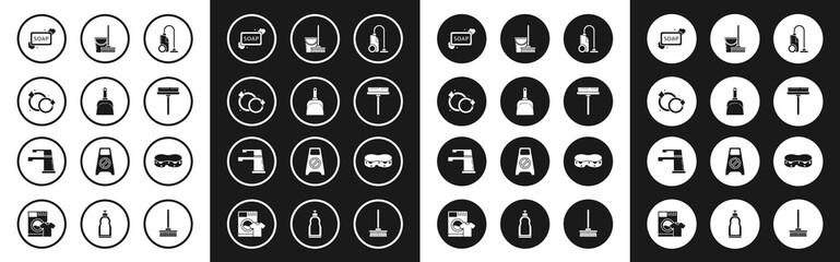 Set Vacuum cleaner, Dustpan, Washing dishes, Bar of soap with foam, Squeegee, scraper, wiper, Mop and bucket, Sponge and Water tap icon. Vector