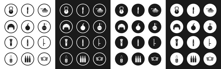Set Military tank, Bomb ready to explode, helmet, Kettlebell, Hand grenade, knife, Police rubber baton and Flashlight icon. Vector
