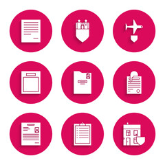 Set Personal folder, Clipboard with checklist, House shield, File document and paper clip, Empty form, Plane and Document icon. Vector