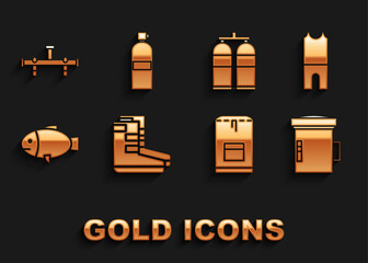 Set Boots, Wetsuit for scuba diving, Big flashlight diver, Backpack, Fish, Aqualung, Manifold and icon. Vector