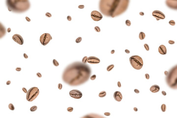 Coffee falling bean background. Black espresso coffee bean flying on white. Aromatic grain fall isolated. Represent breakfast for energy and freshness concept.