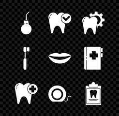 Set Enema pear, Tooth whitening concept, treatment procedure, Dental floss, Clipboard with dental card, Toothbrush and Smiling lips icon. Vector