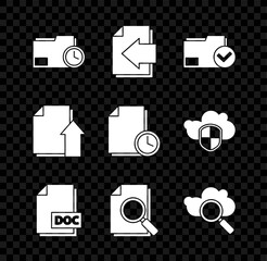 Set Document folder with clock, Next page arrow, and check mark, DOC file document, search, Search cloud computing, Upload and icon. Vector