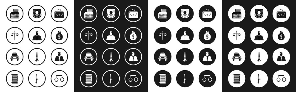 Set Briefcase, Anonymous with question mark, Scales of justice, Retro typewriter, Money bag, Police badge, Lawyer, attorney, jurist and car and flasher icon. Vector
