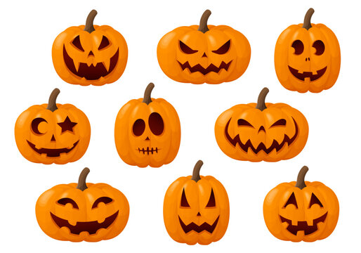 Halloween pumpkin faces set. Collection of funny jack o lantern pumpkins  isolated on a white background. Vector illustration