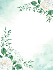 Floral background card. Rustic wedding invitation template with white creamy roses, gypsophila, pistachio and olive foliage, green watercolor splashes. For save the date, greeting cards, poster, and