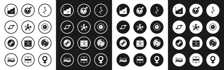 Set Arrow, Many ways directional arrow, Financial growth increase, Wrench and gear, Pie chart infographic and Old hourglass with sand icon. Vector
