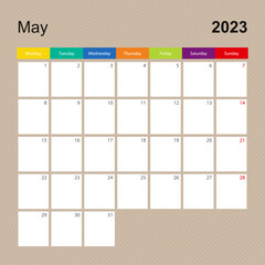 Calendar page for May 2023, wall planner with colorful design. Week starts on Monday.