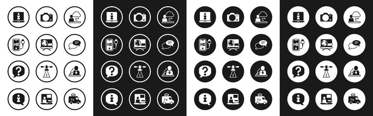 Set Weather forecast, Breaking news, Mobile recording, Information, Speech bubble chat, Photo camera, and icon. Vector