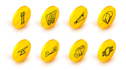 Set line Knee pads, Gloves, Skate park, Hang glider, Parachute, Skateboard on street ramp, Rubber flippers for swimming and Ski poles icon. Vector © Oksana