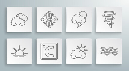 Set line Sunrise, Snowflake, Celsius, and cloud weather, Waves, Storm, Tornado and Cloud icon. Vector