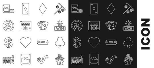Set line Hand holding casino chips, Playing card with clubs symbol, Casino win, diamonds, Online poker table game, Glass of whiskey ice cubes, Game dice glass and cards icon. Vector