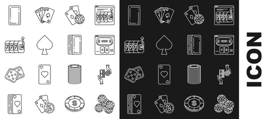 Set line Casino chips, exchange on stacks of dollars, Online poker table game, and playing cards, Playing with spades symbol, Slot machine lucky sevens jackpot, back and Deck icon. Vector