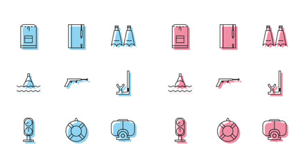 Set line Gauge scale, Lifebuoy, Backpack, Diving mask, Fishing harpoon, Snorkel, Floating the sea and Underwater note book and pencil icon. Vector