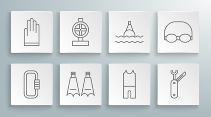Set line Carabiner, Industry metallic pipes and valve, Rubber flippers for swimming, Wetsuit scuba diving, Swiss army knife, Floating buoy on the sea, Glasses cap and Gloves icon. Vector © Oksana