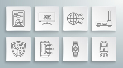 Set line Cyber security, Smartphone, mobile phone, Smartwatch, Lock digital circuit board, Global technology social network, Router and wi-fi signal and 3D printer icon. Vector