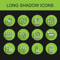 Set line House, with dollar symbol, percant discount tag, Washington monument, Fire hydrant, Hanging sign text Online Rent and Warehouse icon. Vector