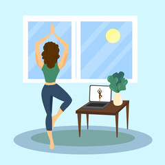 Оnline learning new skills concept. A woman practices yoga virtually online with a teacher. Girl in asana. Vector illustration in a flat style.