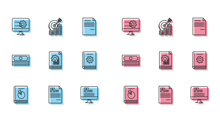 Set line User manual, Resume, Computer monitor with graph chart, resume, Document, Stacks paper money cash and Target coin symbol icon. Vector