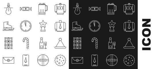 Set line Cookie or biscuit with chocolate, Christmas Santa Claus hat, sweater, Hot cup marshmallows, Clock, Figure skates, snowman and star icon. Vector