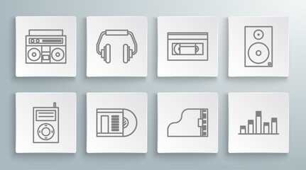 Set line Music MP3 player, Headphones, Vinyl disk, Grand piano, equalizer, VHS video cassette tape, Stereo speaker and Home stereo with two speakers icon. Vector