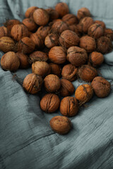 Many fresh unshelled walnuts, top view, on a blue cloth. Harvest delicious healthy autumn nuts