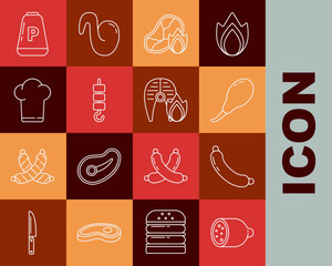 Set line Salami sausage, Sausage, Chicken leg, Grilled steak meat and fire flame, shish kebab on skewer stick, Chef hat, Pepper and fish icon. Vector