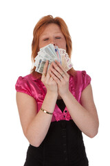Portrait of pretty young woman with money, isolated on transparent background