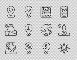 Set line City map navigation, Wind rose, Gps device with, Car service, Location, anchor, Alcohol beer bar location and and monument icon. Vector