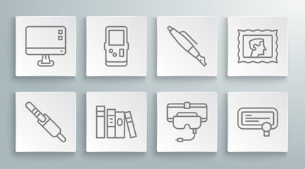 Set line Audio jack, Tetris, Book, Virtual reality glasses, Certificate template, Fountain pen nib, Postal stamp and Computer monitor screen icon. Vector