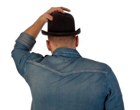 Portrait of a curious young man in a bowler hat isolated on transparent background