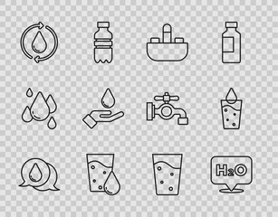 Set line Water drop, Chemical formula for H2O, Washbasin with water tap, Glass, Recycle clean aqua, Washing hands soap, and icon. Vector