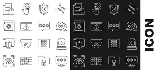 Set line Password protection, Flasher siren, Check mark in speech bubble, Shield with check, Browser exclamation, Safe, Document and lock and icon. Vector