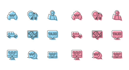 Set line Computer call taxi service, Taxi telephone, car, Laptop, Gps device with map, Location, Car and bus icon. Vector