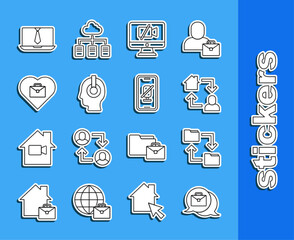 Set line Online working, Cloud storage document folder, Video camera Off on computer, Freelancer, Heart with text, chat conference and Mute microphone mobile icon. Vector