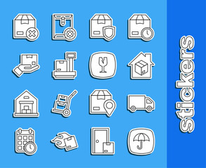 Set line Delivery package with umbrella, cargo truck, Home delivery services, security shield, Scale cardboard box, hand, Carton and Fragile broken glass icon. Vector