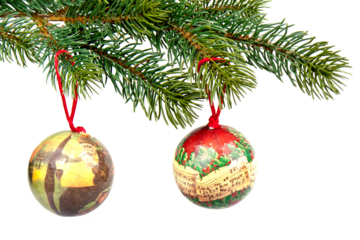 Christmas balls with decoration on a green spruce branch isolated on transparent background
